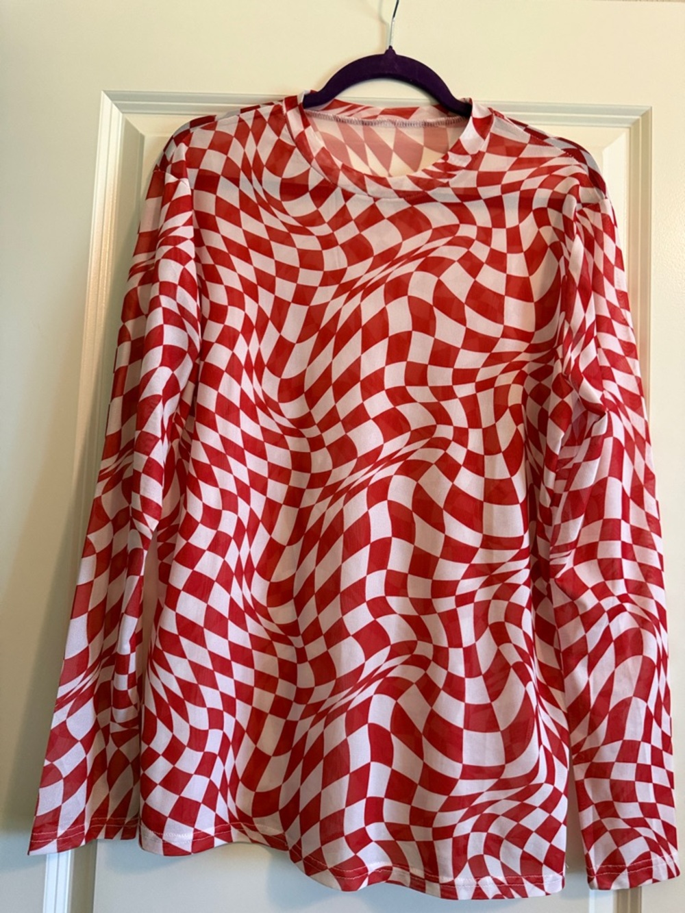 Red & White Wavy Checkerboard Long Sleeve Sheer Tee- great for layering under Ts